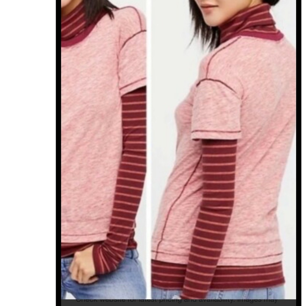 We The Free‎ Free People Layered Look Striped Turtleneck Top Red Heather Small - Picture 2 of 7